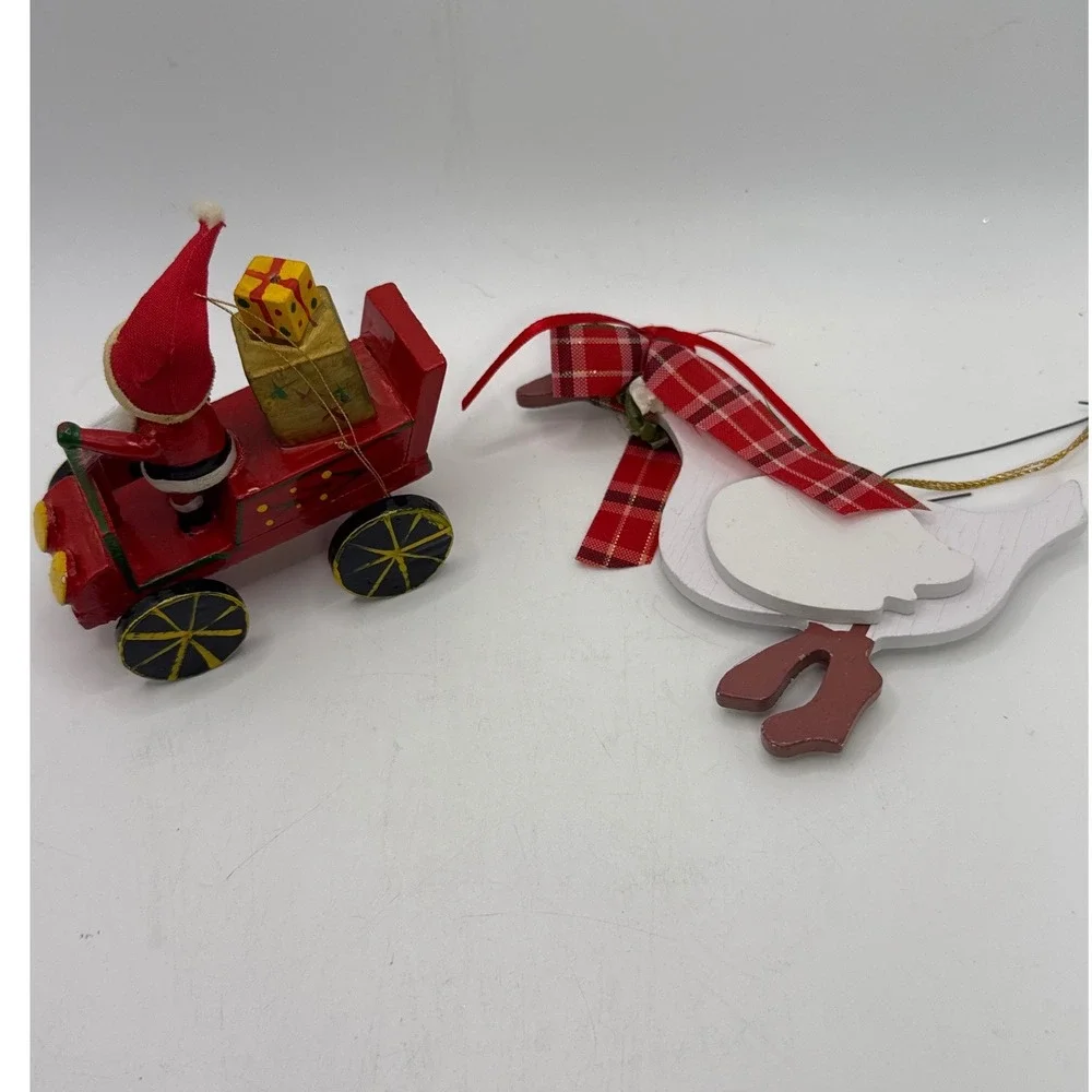Vintage Wooden Christmas Ornaments Santa in Red‎ Car and Goose with Plaid Scarf